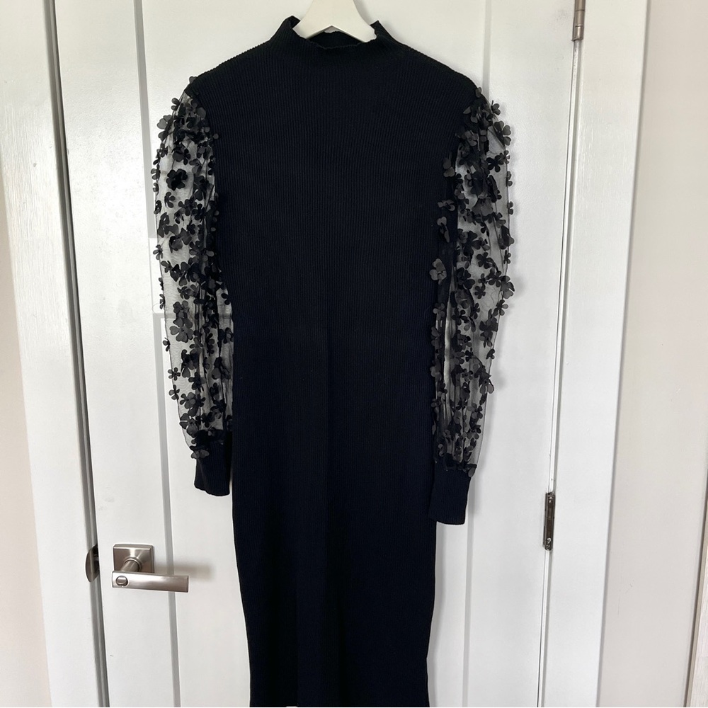 Black Midi Dress with Organza/Mesh Puff Sleeves with Flower Detail